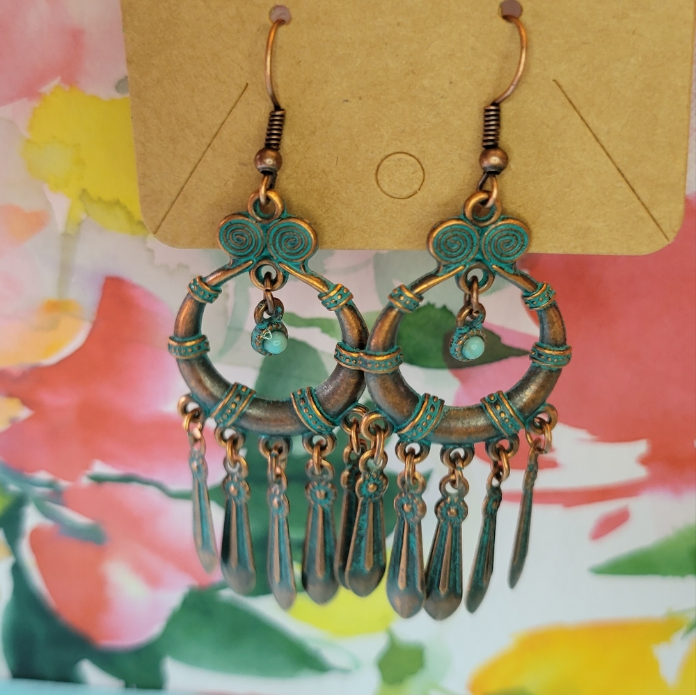 Copper colored gypsy boho earrings with blue detail